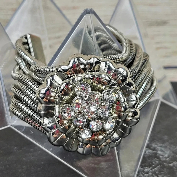 Premier Designs Wide Bracelet Rhinestone Flower Multi Chain Layered Silv… - Picture 1 of 12